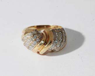 14kt yellow gold Diamond Dome Ring that features 6 rows of round diamonds with 8 diamonds in each row for a total of 48 diamonds that weigh approx 1.5ctw, 9.1 grams total weight, size 7.5