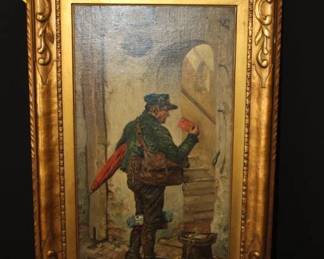 Kotschenreiter G. Hugo (1854-1908) Antique Oil on board "Postman Delivering Mail" signed in gold frame ca 1882  24.5" x 15"   L3