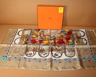 Hermes silk scarf, NIB with tag, beige, ivory, turquoise handrolled