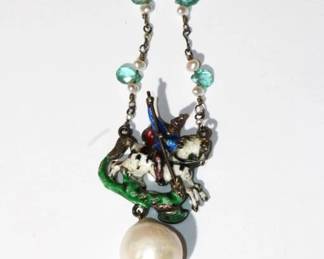 French made enameled Horse & Rider w/ large pearl St. George and the Dragon