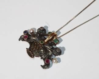 Custom made Basket/Pin/Brooch made of 18kt, 14kt, and sterling silver w/ rubies, emerald, diamond, pearl w/ sterling chain 15.67 grams total weight