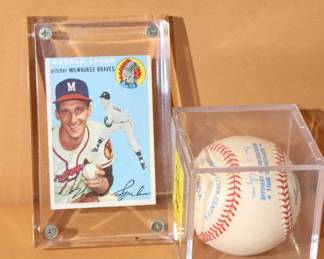 2pc Warren Spahn Rookie Topps #20 Baseball card 1954 and Nolan Ryan signed Baseball