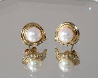 14kt yellow gold Pearl & Diamond Pierced Earrings each with approx 7.40mm round cultured pearl enhanced by 3 round diamonds in each earring, 3.65 grams total weight