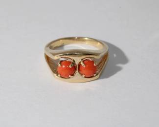 14kt yellow gold Coral Ring featuring 2 prong set round coral cabachons set in sturdy satin finished gold mount, 5.6 grams total weight, size 6