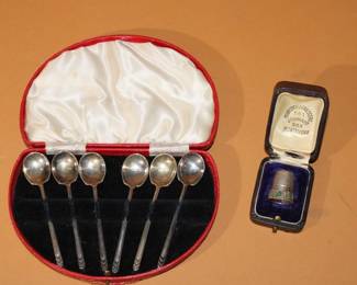 JD marked Sterling Salt Spoons 6pc w/ case and 800 silver thimble w/ case