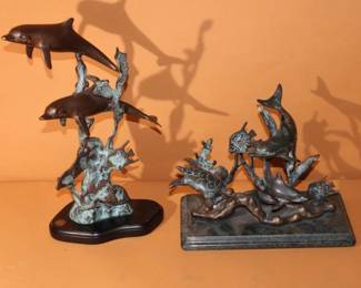 2pc Sea Sculpture Bonzes; 13" Dolphins & Dolphins, Turtle, Fish by SPI  L4
