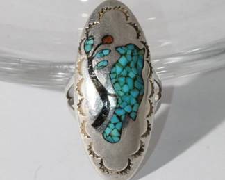 .925 Sterling Native American Ring, most likely Zuni signed designer MC, features inlaid turquoise, onyx and coral used to form A bird and tree, well don, 7.8 grams total weight, size 7.5  See Photos for detail
