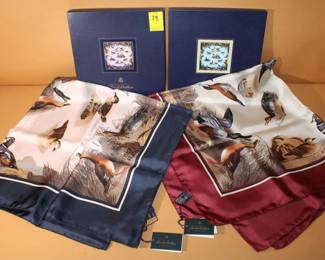 Two NIB Brooks Bros Mallard, birds scarves, one black border, one burgundy