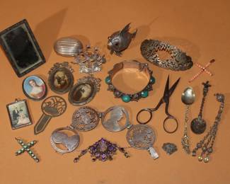 Misc Vintage Jewelry lot w/ Spanish Fish Salt Shaker, bracelet, spoons, brooches, pins, etc