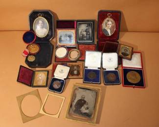 9pc Antique Photos handpainted Daguerreotype type, etc & 6 medals
