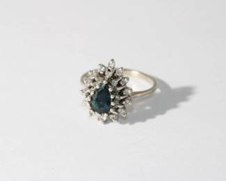 14kt white gold Sapphire & Diamond Ring with a central teardrop cut sapphire approx 1.1ct surrounded by a double halo of round diamonds, 3.2 grams total weight, size 4.75 sizable