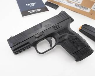 Make: FN
Model: 509C
Caliber: 9x19
Action: Semi
Barrel: 4
Bore: Shiny
Serial # GKS0213255
Condition: Excellent
The FN 509 Compact represents the next evolution in personal protection with the performance of a full-sized pistol in a concealable size. With low-profile, snag-free sights, it’s the right addition for every day carry and the perfect fit for in-the-waist holsters. The pistol is 9mm and striker-fired with a 3.7-inch barrel, standard 12+1 and 15+1 capacity and the capability to accept all higher capacity FN 509 magazines. The improved controls aid in manipulation, the new improved texturing on the two included backstraps provides better recoil management, and a new flatter faced trigger enhances trigger control with a cleaner break. The pistol is new in the box and dressed in FDE finish. Please see photos.