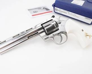 Make: Colt
Model: Python
Caliber: 357
Action: DA
Barrel: 6
Bore: Shiny
Serial # PY286199
Condition: Very Good
Manufactured from 1955 to 2005, this Colt Python .357 Magnum exemplifies American precision with its finely crafted trigger and meticulously machined cylinder. Revered by law enforcement and collectors alike, it has featured in films and competitive shooting arenas, underscoring its cultural impact. Verified production records attest to its authenticity and enduring legacy as a masterpiece of firearm design and craftsmanship. Please see photos.