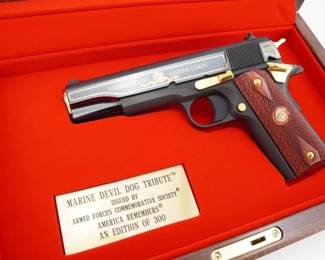 Make: Colt
Model: Marine Devil Dog
Caliber: .45 ACP
Action: Semi
Barrel: 5
Bore: Minty
Serial # 2843213
Condition: Like New
This Colt "America Remembers" US Marine Corps First to Fight Commemorative .45 ACP, produced in 1994, honors the bravery and heritage of the U.S. Marines. Featuring intricate engravings, gold accents, and a polished stainless steel finish, this limited edition firearm highlights the Marine Corps emblem and is a true collector's item. Its craftsmanship and historical significance make it a standout piece for any enthusiast or military memorabilia collector. Comes with a custom box. Please see Photos.