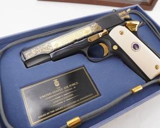 Make: Auto-Ordnance
Model: M1911A1 USAF
Caliber: 0.45
Action: Semi
Barrel: 5
Bore: Shiny
Serial # USAF0281
Condition: Excellent
This Auto-Ordnance M1911A1 .45 is a United States Air Force Commemorative pistol, honoring "To Fly And To Fight" and Fred M. Conway, LTCOL AFRET. Crafted with precision, it features detailed engravings and a timeless design that pays tribute to military aviation. Manufactured in 1995, this limited-edition piece captures historical significance and collectible allure, making it a standout addition for enthusiasts and collectors alike. A remarkable blend of heritage and craftsmanship. Comes with a leash and looks like a Colt. Please see pictures.
