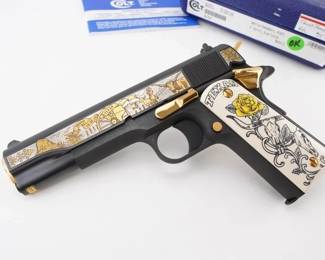 Make: Colt
Model: Texas Proud
Caliber: 45 Auto
Action: Semi
Barrel: 5
Bore: Shiny
Serial # 2867887
Condition: Excellent
This Colt America Remembers .45, model 01991AR, is number 25 of only 300 produced, with amazing gold accents making it a rare collectible. Crafted with exquisite gold accents, it boasts fine craftsmanship and historical significance. Produced in 1991, this limited-edition firearm features a polished stainless steel frame and slide, with intricate engraving highlighting its commemorative design. A must-have for discerning collectors and Colt enthusiasts alike. Please see photos.