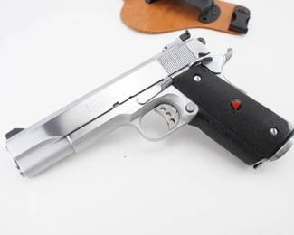 Make: Colt
Model: Delta Elite
Caliber: 10mm
Action: Semi
Barrel: 5
Bore: Bright
Serial # DE06967
Condition: Very Good
Manufactured in the early 1990s, this Colt Delta Elite 10mm exemplifies Colt’s innovation with a durable stainless steel frame, precision trigger, and robust safety mechanisms. Accompanied by a holster and magazine, it gained acclaim in competitive shooting and was favored by select law enforcement units, enhancing its cultural significance as a symbol of tactical excellence and enduring craftsmanship. Please see photos.