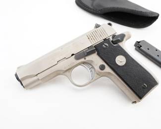 Make: Colt
Model: Government MK IV / Series
Caliber: .380 Auto
Action: Semi
Barrel: 3.25
Bore: Bright
Serial # RC33703
Condition: Very Good
This 1984 Colt MK IV Series 80 .380 Auto pistol, complete with its original pouch and two magazines, exemplifies Colt’s renowned craftsmanship. Designed with a .380 caliber chamber, refined trigger, and reliable safety features, it represents mid-1980s American innovation and the evolving landscape of civilian and law enforcement firearm use. Please see photos.