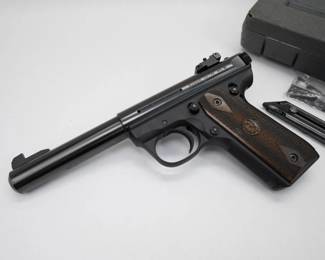 Make: Ruger
Model: 22/45 MK III
Caliber: .22 LR
Action: Semi
Barrel: 6.5
Bore: Shiny
Serial # 275-17625
Condition: Excellent
The Ruger 22/45 MKIII .22 LR is a precision semi-automatic pistol blending classic aesthetics with modern reliability. Featuring a lightweight polymer frame, it mirrors the grip angle of the 1911 for enhanced ergonomics. Produced from 2004 to 2016, i