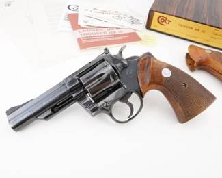 Make: Colt
Model: Trooper MK III
Caliber: .357 Mag
Action: DA
Barrel: 4
Bore: Bright
Serial # 46277L
Condition: Excellent
This exceptional Colt Trooper MK III .357 Magnum, produced in the early 1980s, epitomizes Colt’s precision engineering and enduring cultural impact on American law enforcement. Crafted for reliable performance in tactical operations, its balanced grip and precise trigger mechanism set it apart. Accompanied by its original box and letter, this collectible reflects a pivotal era in firearms history and the trusted service of Colt in public safety. Please see photos.