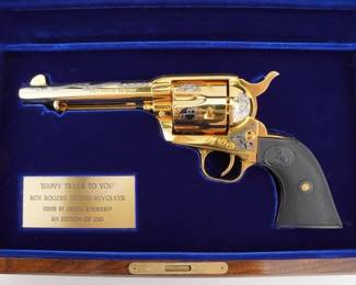 Make: COLT
Model: SAA Roy Rogers Tribute
Caliber: .45 COLT
Action: SA
Barrel: 5.5
Bore: bright
Serial # TF04741
Condition: Excellent
This limited edition Colt Single Action Army .45 Colt commemorative revolver, number 76 of 250, honors Western icon Roy Rogers. Manufactured in the early 2000s with meticulous craftsmanship and authentic period detailing, it is fully operational and true to Colt’s storied design. Celebrating American pop culture and the enduring spirit of the Wild West, this collectible piece pays tribute to the cinematic legacy of the “King of the Cowboys.” Please see photos.