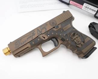 Make: Glock
Model: 19 GEN5
Caliber: 9 MM
Action: SEMI
Barrel: 4
Bore: Shiny
Serial # BUYD743
Condition: Very Good
Importer: gLOCK iNC
This rare Glock 19 Gen 5 9mm Custom TRUMP edition marries Glock’s acclaimed reliability with an exclusive, patriotic design. Crafted with an advanced nDLC finish, refined trigger system, and ambidextrous controls, this limited production piece—manufactured in early 2020—commemorates a pivotal era in American political history and has featured in high-profile operational demonstrations, making it a collectible fusion of modern precision and historic significance. Please see photos.