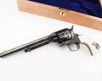 Make: Taylor & Co
Model: Georg A Custer
Caliber: .45LC
Action: SA
Barrel: 7.5
Bore: Minty
Serial # U70765
Condition: Like New
Importer: Taylor & Co
This A. Uberti Taylor & Co. George A. Custer Commemorative .45LC revolver, number 347 of 500, honors the legendary figure with intricate engraving and a historically accurate design. Produced in a limited edition, it features a blued steel frame, polished brass trigger guard, and genuine walnut grips. Manufactured in 2007, this revolver captures the spirit of the American West while remaining a highly collectible and functional firearm. Comes with the original box. Please see photos.
