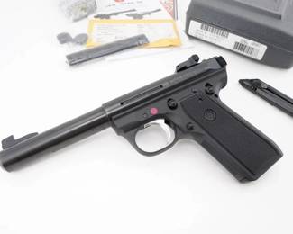 Make: Ruger
Model: 22/45 MK III
Caliber: .22 LR
Action: Semi
Barrel: 6.5
Bore: Minty
Serial # 271-91172
Condition: Excellent
The Ruger 22/45 MK III .22LR is a timeless blend of classic design and modern function. Produced from 2004 to 2016, it offers the precision and reliability synonymous with Ruger, featuring the iconic grip angle reminiscent of the revered 1911. Beloved by collectors and marksmen, this pistol embodies nostalgia while delivering superb accuracy and durability. A true piece of shooting heritage, this MK III bridges history with performance, ideal for both enthusiasts and newcomers. Comes with two magazines and a case. Please see photos.
