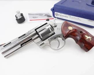 Make: Colt
Model: Python
Caliber: 357
Action: DA
Barrel: 4
Bore: Shiny
Serial # PY232715
Condition: Very Good
Manufactured in 1993, this Colt Python .357 Magnum exemplifies Colt’s celebrated precision engineering with a six-shot cylinder, ventilated rib barrel, and refined blue finish. Renowned for its smooth dual-action trigger, it has served in law enforcement and earned cinematic acclaim, solidifying its status as an enduring symbol of American craftsmanship and a coveted collectible among discerning enthusiasts. Please see photos.