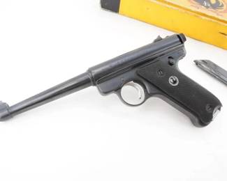 Make: Ruger
Model: Automatic
Caliber: .22 LR
Action: Semi
Barrel: 6
Bore: Shiny
Serial # 405763
Condition: Very Good
This authentic Ruger Automatic .22LR rifle, manufactured by Sturm, Ruger & Co., Inc. from 1964 onward, features reliable semi-automatic performance, rugged design, and precise accuracy. Complete with its original box and two magazines, it has been a staple in American competitive shooting and training programs, reflecting its enduring cultural significance and appeal to collectors and sports enthusiasts alike. Please see photos.
