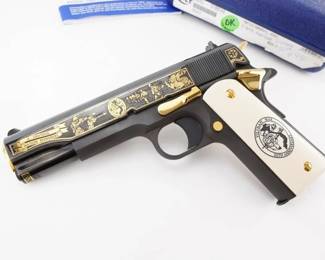 Make: Colt
Model: Vietnam 50th Anniv.
Caliber: .45 ACP
Action: Semi
Barrel: 5
Bore: Minty
Serial # 2855614
Condition: Like New
This Colt "America Remembers" Vietnam War Edition .45 ACP is a finely crafted tribute to the Vietnam era, featuring a precision-machined frame with detailed engraving commemorating the conflict. Produced in 1991 as part of a limited run, it showcases a gold-plated trigger, custom wood grips, and historical markings. A perfect blend of performance and collectible value, this pistol offers both exceptional craftsmanship and historical significance. Please see photos.