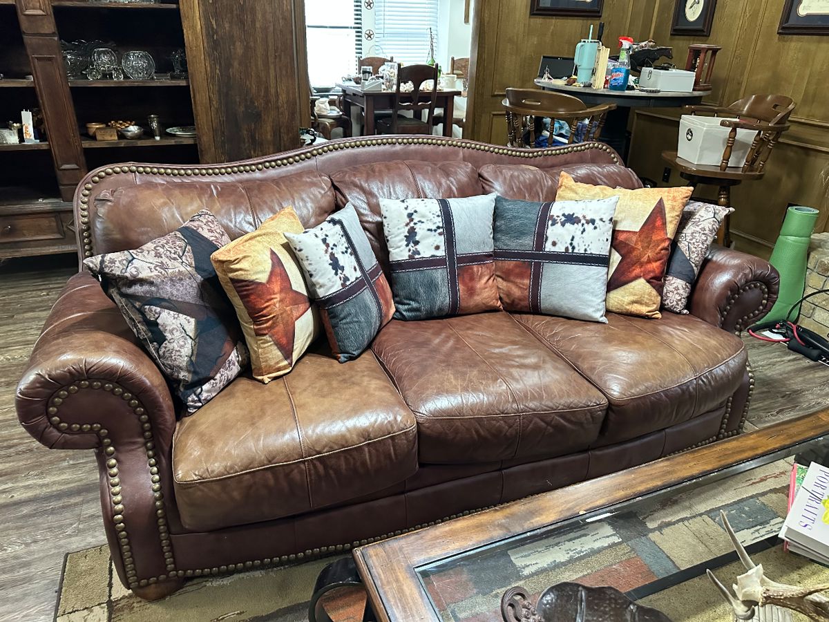 Brown Leather Sofa, Pillows