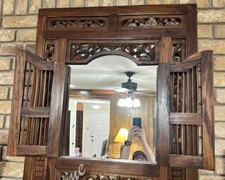 Vintage Balanise Carved Teakwood Window Mirror 