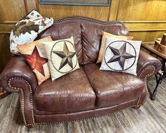 Brown Leather Love Seat, Pillows