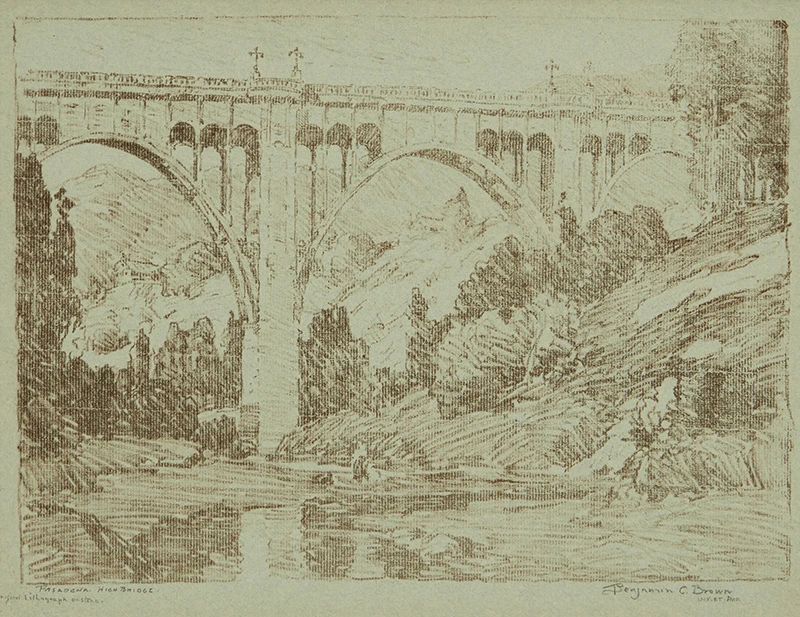 1001
Benjamin Chambers Brown
1865-1942
"Pasadena High Bridge"
Lithograph in dark brown ink on laid grey paper
From the edition of unknown size
Signed, titled, and inscribed in pencil in the lower margin: Benjamin C. Brown / "INV. ET. IMP." / "Original Lithograph"
Image: 9.625" H x 13.125" W; Sight: 10.625" H x 13.75" W
Estimate: $300 - $500