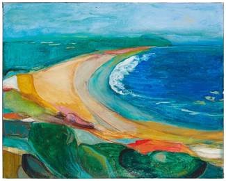 1263
Sonia Gold
b. 1959
"Save Our Oceans IV"
Acrylic, including metallic gold, on canvas panel
Signed and titled, verso: Sonia Gold; initialed "S.L." in the lower portion of the right edge, visible only under blacklight
24" H x 30" W
Estimate: $800 - $1,200