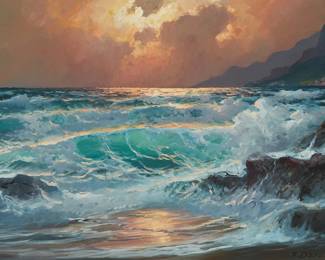 1193
Alexander Dzigurski
1911-1995
"Big Sur Sunset"
Oil on canvas
Signed lower right: A. Dzigurski; titled by repute
24" H x 36" W
Estimate: $1,000 - $1,500
