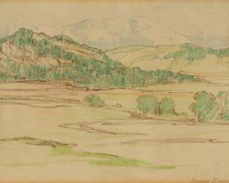 1087
Maurice Braun
1877-1941
Southern California landscape with distant mountains
Colored pencil and crayon on cream paper
Signed in pencil lower right: Maurice Braun
Sight: 8.25" W x 10.75" H
Estimate: $700 - $900