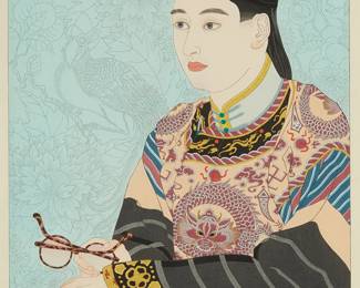1107
Paul Jacoulet
1902-1960
"Le Mandarin aux Lunettes. Mandchoukuo," 1950
Woodcut in colors with silver highlights on handmade mulberry paper, watermark artist initials
Edition: 83/350 (of which fewer than 100 were printed in this edition)
Signed in pencil above the artist's red ink mandarin duck stamp in the image at the lower right: Paul Jacoulet; the title printed in the lower margin, at right; stamp-numbered 83/350 in red ink on the verso; with the black ink stamp of the carver, Kentaro Maeda, and printer, Tetsunosuke Honda, in the lower portion of the right margin
Image: 15.375" H x 11.625" W; Sheet: 18.5" H x 14.25" W
Estimate: $600 - $800