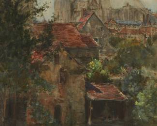1212
Francis Hopkinson Smith
1838-1915
Chartres Cathedral from across the L'Eure River
Gouache and watercolor on paper
Signed lower right: F. Hopkinson Smith
Sight: 28" H x 19" W
Estimate: $1,000 - $1,500