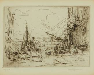 1017
Armin Carl Hansen
1886-1957
"Shipyard No. II," 1916
Etching on wove paper
From the edition of unknown size
Signed and titled in pencil in the lower margin: Armin Hansen; with the printed signature and date (printed in reverse) in the plate at lower right: 16
Plate: 4.5" H x 6.25" W; Sight: 5.5" H x 7.25" W
Estimate: $500 - $700