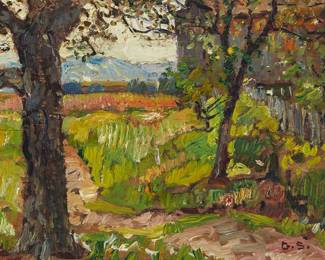 1082
George Gardner Symons
1861-1930
Path in a California landscape
Oil on panel
Initialed lower right: G.S.; with the artist's estate stamp in ink, verso
6.25" H x 8.75" W
Estimate: $1,000 - $1,500