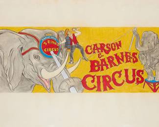 1129
Peter Walker
b. 1946
Elephants and a circus performer, 1977
Colored pencil, crayon, and metallic pigment on paper
Signed and dated in pencil, in the image, lower right: Peter Walker 77
Image: 15" H x 41.25" W; Sight: 29.375" H x 41.25" W
Estimate: $300 - $500