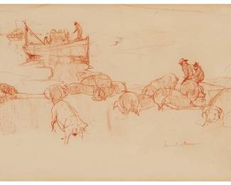 1019
Armin Carl Hansen
1886-1957
"The Landing Party," 1928
Conte crayon on cream-colored paper
Signed lower right: Armin Hansen; titled and dated on a gallery label affixed to the frame's backing paper
Sheet: 8.5" H x 12" W
Estimate: $1,000 - $1,500