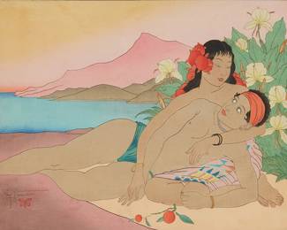 1124
Paul Jacoulet
1902-1960
"Calme. Truck," 1941
Woodcut in colors on handmade mulberry paper
Edition: One of fewer than 200 total impressions
Signed in pencil above the artist's red ink butterfly stamp in the image at the lower left: Paul Jacoulet; the title printed in the lower margin, at right; with the black ink stamps of both Kentaro Maeda, carver and Matashiro Uchikawa, printer, in the lower portion of the left margin
Image: 11.875" H x 15.5" W; Sight: 12" H x 16.125" W
Estimate: $300 - $500