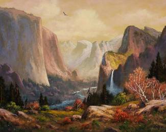 1175
Heinie Hartwig
b. 1937
"A View of Bridal Veil Falls"
Oil on Masonite
With the incised signature lower right: Heinie Hartwig; titled verso
18" H x 24" W
Estimate: $1,500 - $2,000