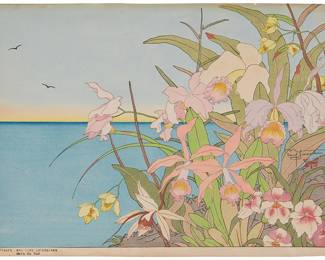 1118
Paul Jacoulet
1902-1960
"Fleurs des Iles de Lointaines. Mers de Sud," 1940
Woodcut in colors on handmade mulberry paper
Edition: One of fewer than 250 total impressions
Signed in pencil above the artist's red ink butterfly stamp in the image at right: Paul Jacoulet; the title printed in the lower margin, at left; with the black ink stamp of the carver, Kentaro Maeda, in the lower portion of the left margin
Image: 11.5" H x 15.375" W; Sheet: 12" H x 16" W
Estimate: $400 - $600