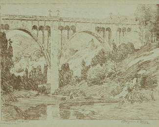 1001
Benjamin Chambers Brown
1865-1942
"Pasadena High Bridge"
Lithograph in dark brown ink on laid grey paper
From the edition of unknown size
Signed, titled, and inscribed in pencil in the lower margin: Benjamin C. Brown / "INV. ET. IMP." / "Original Lithograph"
Image: 9.625" H x 13.125" W; Sight: 10.625" H x 13.75" W
Estimate: $300 - $500