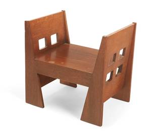 
1074
Early 20th century; Michigan
A Limbert's oak window seat, no. 243 1/2
With burn mark to underside: Limbert's Arts and Crafts Furniture / Made in Grand Rapids and Holland
The wood bench with open squares to sides, above and below the seat, with associated embroidered cotton fabric cushion
24" H x 24.5" W x 18" D
Estimate: $400 - $600