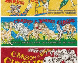 1131
Peter Walker
b. 1946
"Circus Suite I," 1981
The complete suite including three lithographs in colors on wove paper
Edition: AP 12/25 (one of 25 artist's proofs; there was also the edition of 275 signed and numbered impressions)
Each of the lithographs signed, dated, and numbered in pencil in the lower right and left corners of the image, respectively: Peter Walker 81; loose; sold together with the typed information sheet with the artist's photocopied signature; and the suite's original wove paper folder, printed on the inside with the colophon, and on the outside with the suite's title; the edition number faintly inscribed in pencil on the folder's outside corners, possibly in another hand; Atelier Ettinger Inc., prntr. and pub., with their blindstamp on each of the lithographs
Image/Sheet of each: 15.5" H x 40.75" W
Estimate: $400 - $600